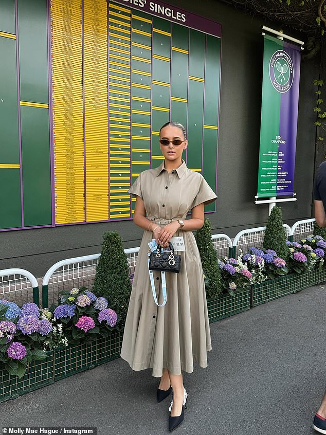 And she shirked the tennis tournament's traditional whites, wearing a £3,000 beige Dior dress instead