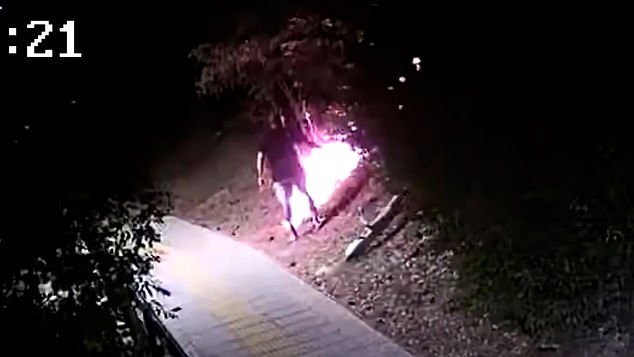 The flames quickly spread up the bank as he casually walks away