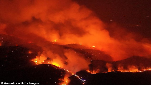 Smoke and flames rise as firefighting efforts continue after a forest fire in Bursa, Turkey, July 27, 2025