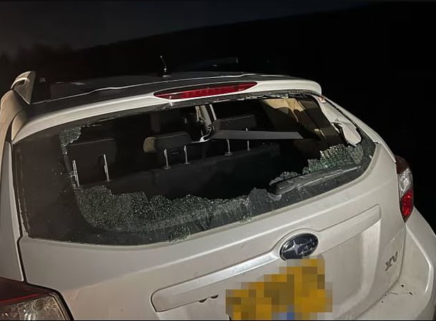 The back window of the car belonging to the Center for Jewish Nonviolence was broken after rocks were thrown at the activists when driving away from the attack