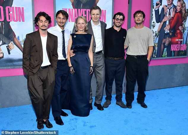 The Baywatch alum, 58, was joined by sons Dylan Jagger Lee, 27, and Brandon Thomas Lee, 29, while Liam brought along Micheál Richardson, 30, and Daniel Neeson, 28, his children with his late wife Natasha Richardson
