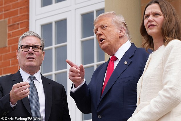 Before the ballroom engagement, Sir Keir and Mr Trump embraced on the Turnberry steps as the Prime Minister arrived with his wife, Lady Starmer, pictured right
