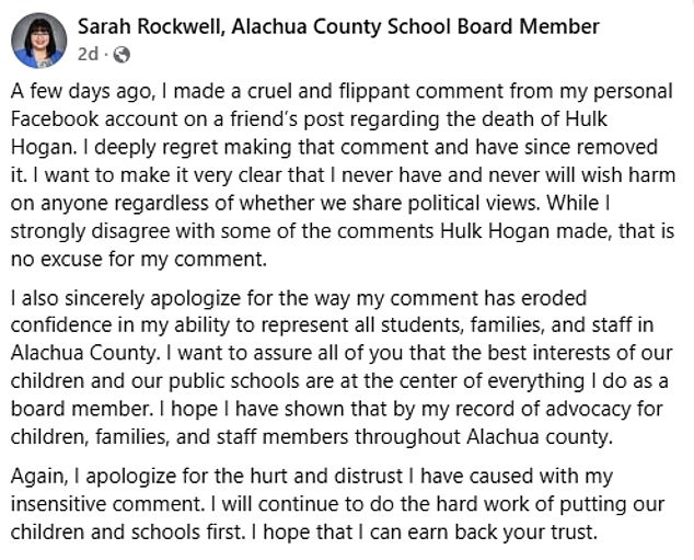 Rockwell later deleted her initial comments before sharing a groveling apology on Facebook