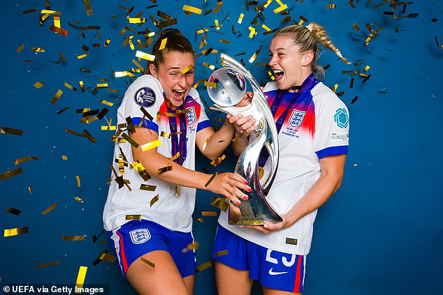 Ella Toone and Alessia Russo of England pose for a portrait with the UEFA Women's EURO trophy