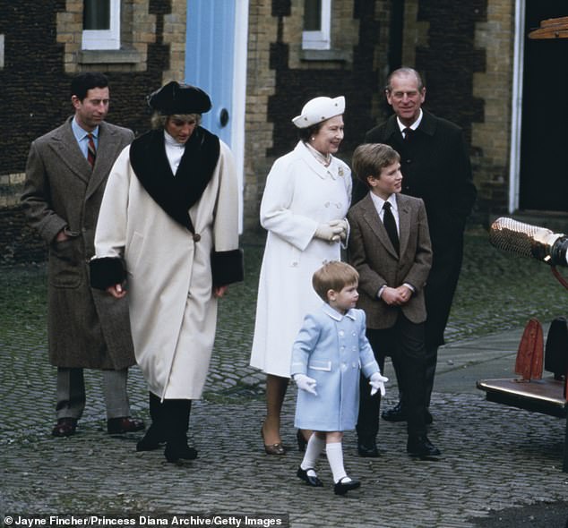A Royal Family day out in 1988, as they visit a museum in Sandringham, along with Princess's Anne's son, Peter Philips (in suit, next to Prince Harry). Prince William is out of shot exploring a fire engine
