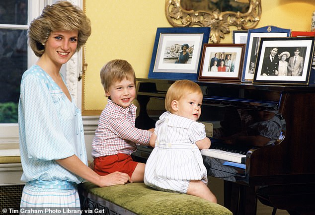 Diana pictured with her sons, Prince William and Prince Harry, at the piano in Kensington Palace