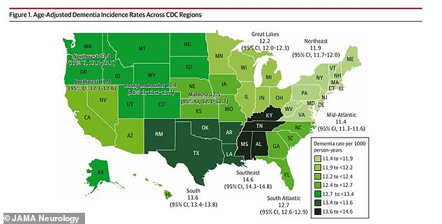 The above map shows dementia risk divided by geographic region