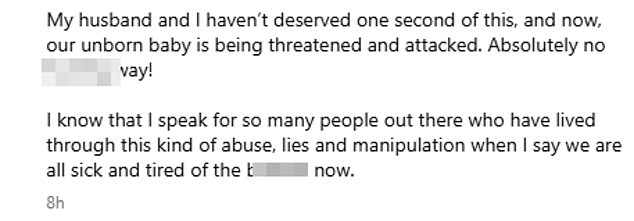 Taking to Instagram on Monday with a screenshot of the hate she has received she stated the affair accusations were 'pathetic' and 'utterly ridiculous'