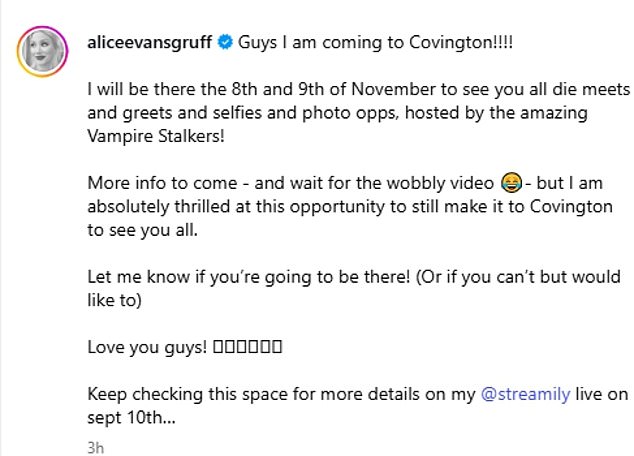 Alice has since confirmed she is doing a Meet and Greet in Covington, Georgia as she took to Instagram to share the exciting news on Tuesday
