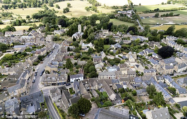 An aerial view of the star-studded Cotswolds town of Chalbury