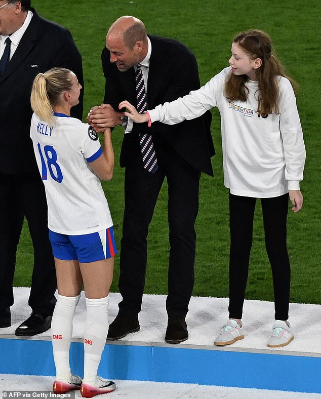 The 12-year-old was praised as 'fabulous' despite accidentally intercepting Prince William's handshakes with the players. Pictured congratulating Chloe Kelly