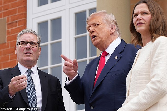Before the ballroom engagement, Sir Keir and Mr Trump embraced on the Turnberry steps as the Prime Minister arrived with his wife, Lady Starmer, pictured right