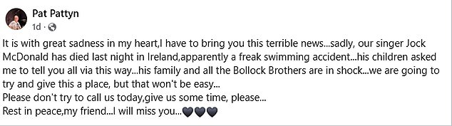 The B*****k Brothers star drowned in Bundoran, Ireland on July 26, with the band's drummer Pat Pattyn confirming the news social media on Monday