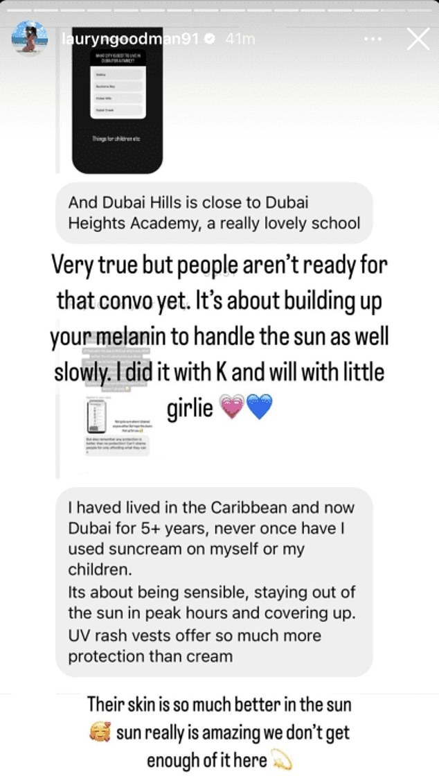 Responding to a comment from a follower who advised that UV rash vests offer 'more protection' than cream, she also said 'skin is so much better in the sun'