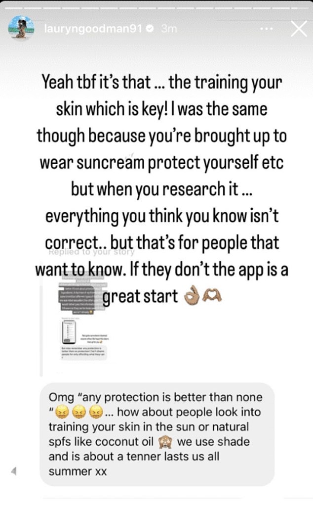 She insisted: 'training your skin is key' as she added: 'It's about building up your melanin to handle the sun as well slowly'