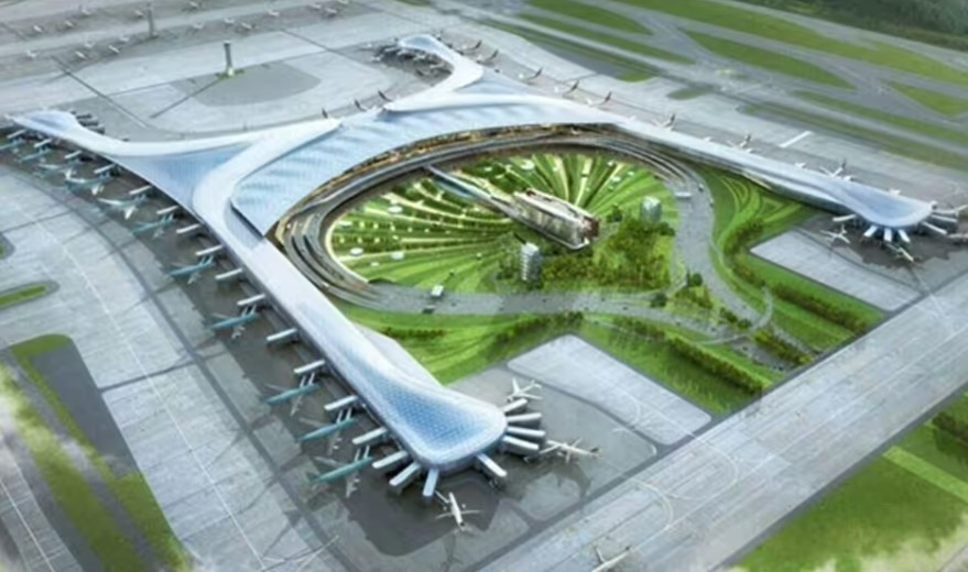 Illustration of a new international airport with a capacity for 60 million passengers.