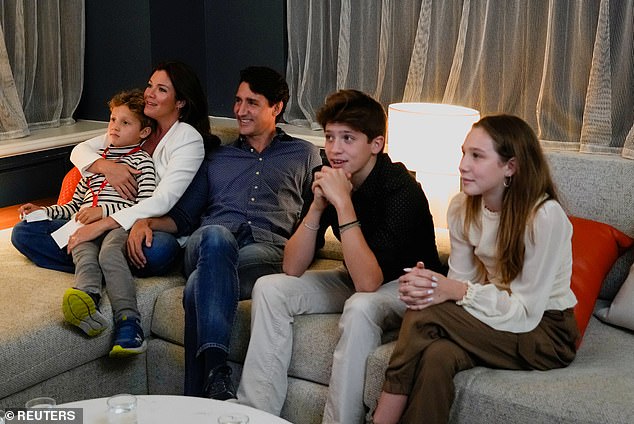 The Trudeau family at home in 2021. Children Ella-Grace, right, Xavier, center, and Hadrien, left, are pictured