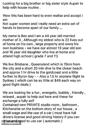Pictured: The advert Rebecca posted in a Facebook group looking for an au pair. She had no idea the charming British girl who responded would cause her 19 days of hell