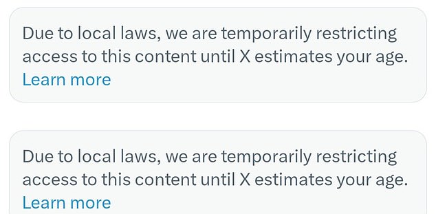 Social media platform X is restricting users from viewing mature content until they prove their age (pictured: age-blocked posts)
