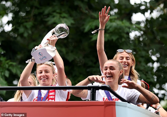 Williamson holds the Women's Euro 2025 trophy aloft as the Lionesses arrive in The Mall to celebrate their second European title in a row