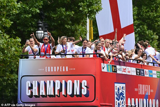 The Lionesses cruised along The Mall to celebrate their second European title on the trot
