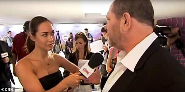 She told how the shock encounter left her 'utterly devastated' and fearing how she'd escape his advances [Myleene pictured interviewing Harvey for CNN]