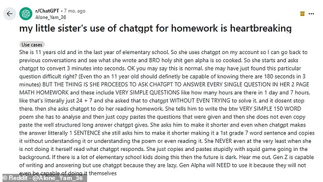 This Reddit user described their young sister’s use of ChatGPT for homework as ‘heartbreaking’
