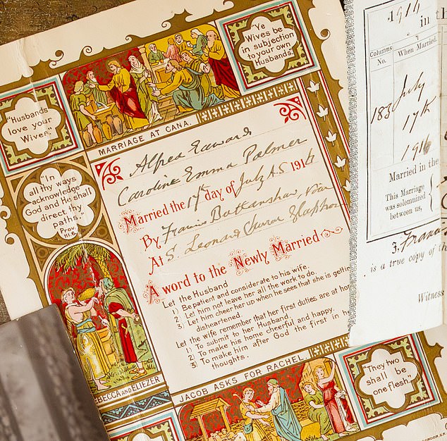 The ornate, colourful marriage certificate signed by Alf and Caroline