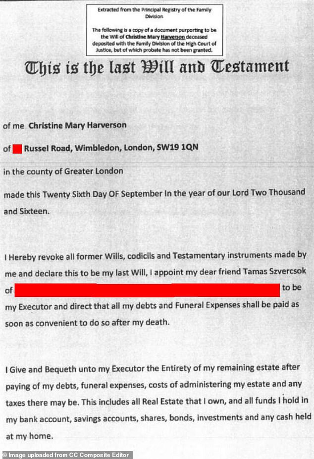 The will used by Hungarian Tamas Szvercsok to ensure he inherited Christine's house