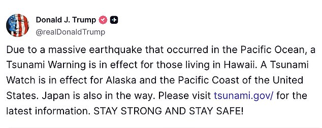 President Donald Trump issued a dramatic warning Tuesday night, urging Americans living in Hawaii, Alaska, and along the Pacific Coast to stay safe