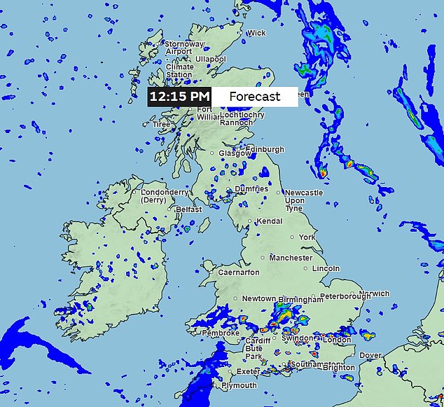 A map shows how large amounts of rainfall, indicated in yellow and red, are set to spread across parts of England