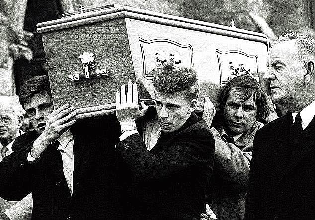 His father Jack was shot by protestant paramilitaries who claimed he was an IRA chief during the Troubles when Patrick was just 16 years old (pictured at his funeral in 1988)