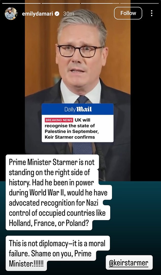 Ms Damari posted on Instagram this morning: 'This is not diplomacy - it is a moral failure. Shame on you, Prime Minister!!!'