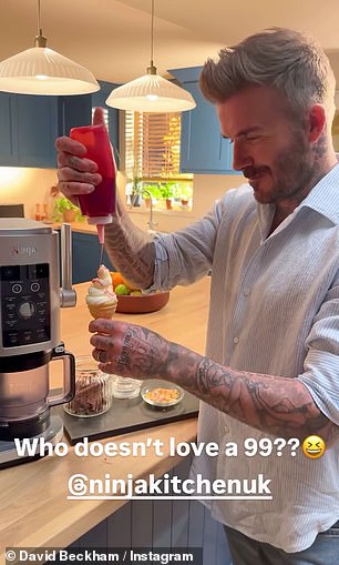 Meanwhile, Brooklyn's father David shared a clip of himself pouring sauce on an ice cream cone as he promoted his partnership with Ninja Kitchen