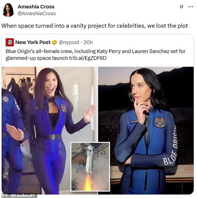 On X, formerly Twitter, the mission was slammed as a 'vanity project for celebrities'