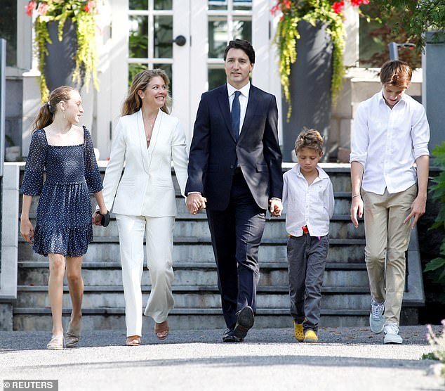 Trudeau out with wife Sophie and their three children Ella-Grace, Hadrien and Xavier in 2021