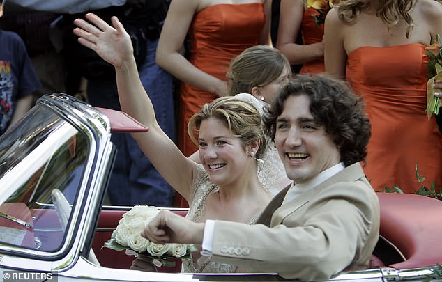 Trudeau and Sophie Gregoire wave to onlookers on their wedding day back in 2005