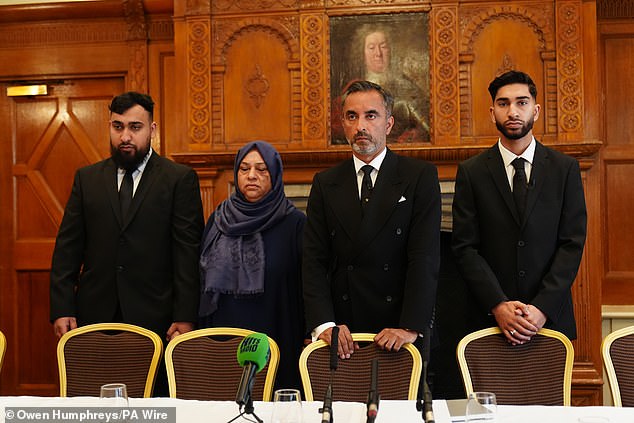 (L-R) Muhammed Amaad (left), solictor Aamer Anwar (second right), mother Shameem Akhtar and Mohammed Fahir Amaaz at a press conference at the Midland Hotel in Manchester on August 6 where they made allegations of mistreatment by police