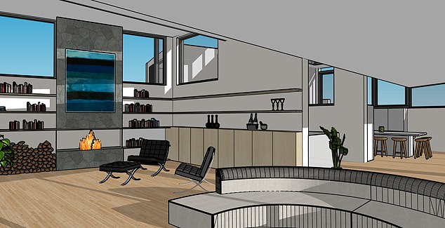 Designs for Cat and Patrick's luxury living room, complete with fireplace