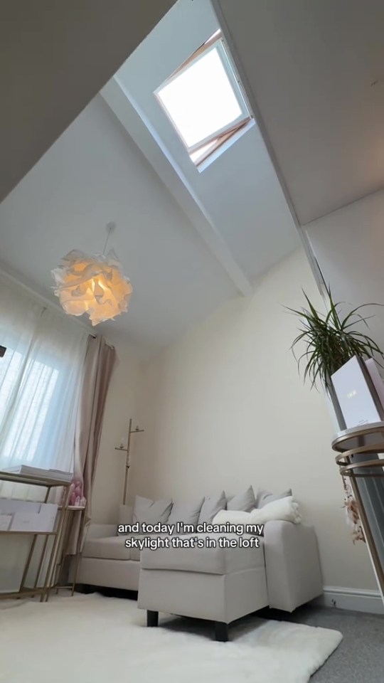 Two-story loft bedroom with skylights.