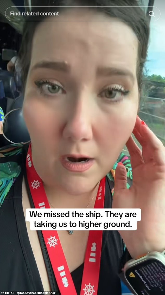 One video, posted by @mandythecruiseplanner, appeared to show a bus load of people who had missed a cruise in Hawaii