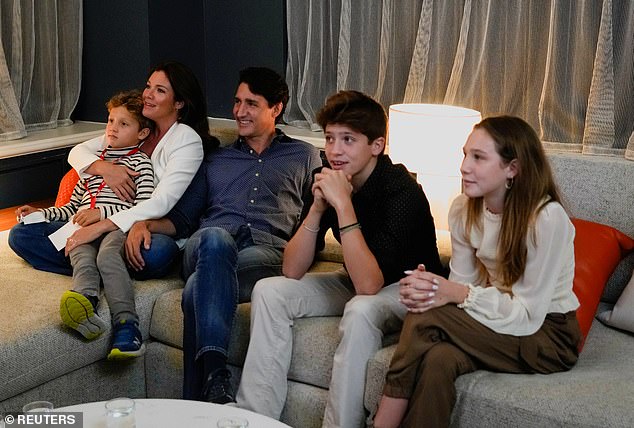 The Trudeau family at home in 2021. Children Ella-Grace (far right) Xavier (second from right) and Hadrien (far left) are pictured