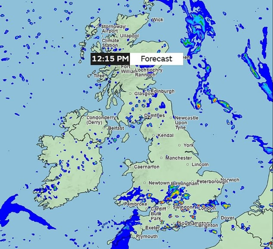 Weather forecast map of the British Isles showing rain.