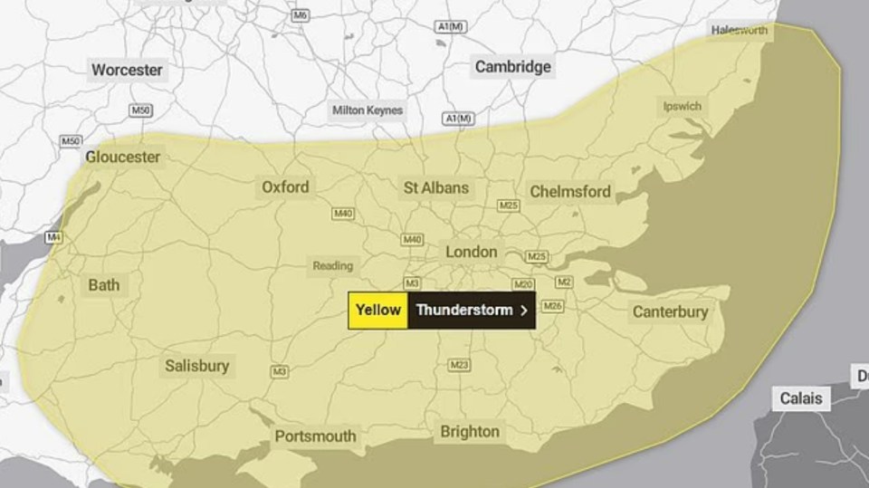 Map of yellow thunderstorm warning in southeast England.