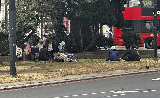 A group of loiterers sitting on the grass - which is next to the dual-carriageway