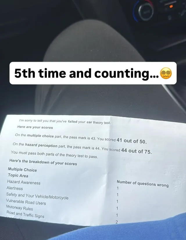 Photo of a failed driving theory test result; fifth attempt.