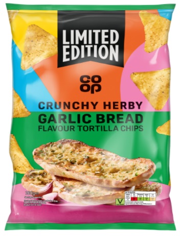 Bag of Co-op limited edition crunchy herby garlic bread flavour tortilla chips.