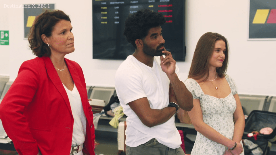 Screenshot from Destination X, BBC 1 showing three people waiting in an airport.