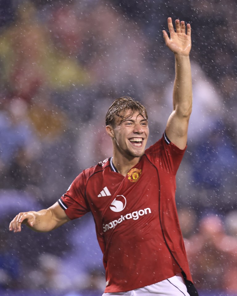 Rasmus Højlund of Manchester United celebrates a goal in the rain.