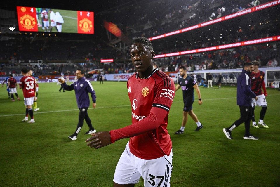Kobbie Mainoo of Manchester United reacts after a game.